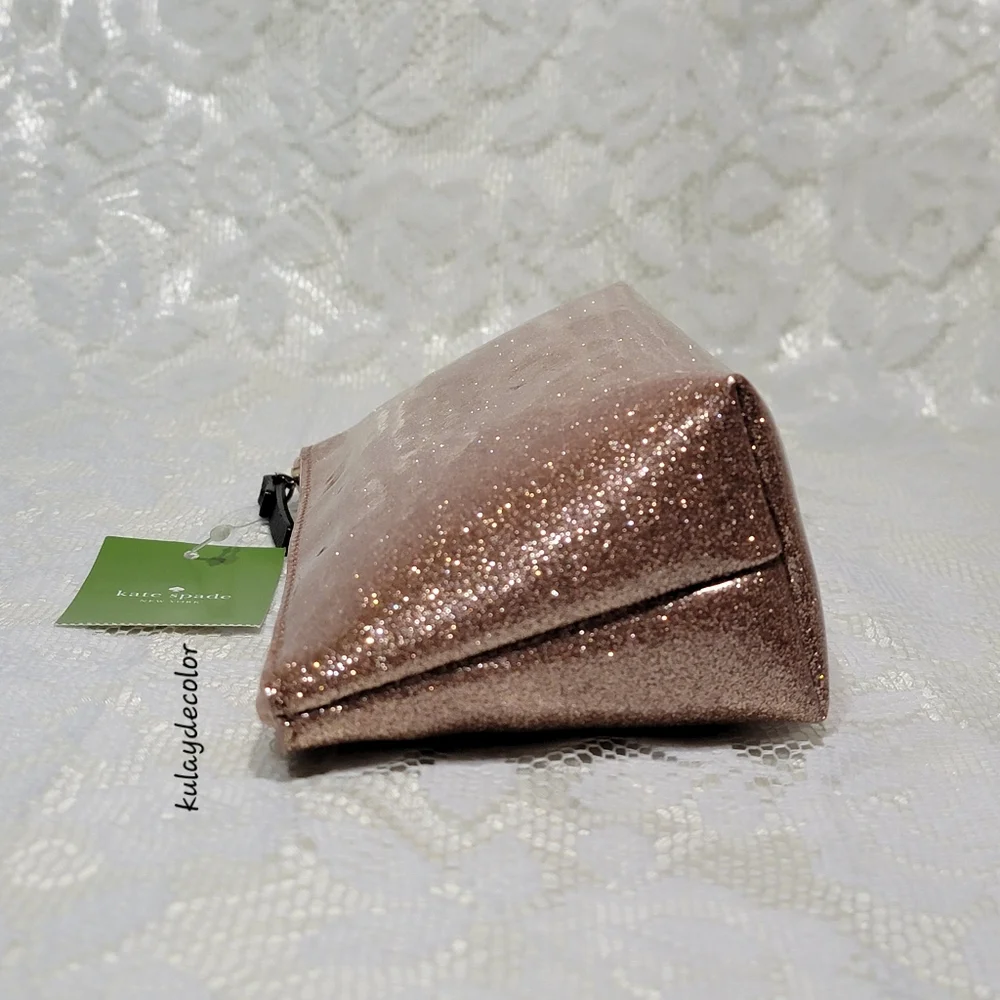 Kate Spade Clutch Makeup Bag Little Shilo Rose Gold Glitter Cosmetic Pouch NWT